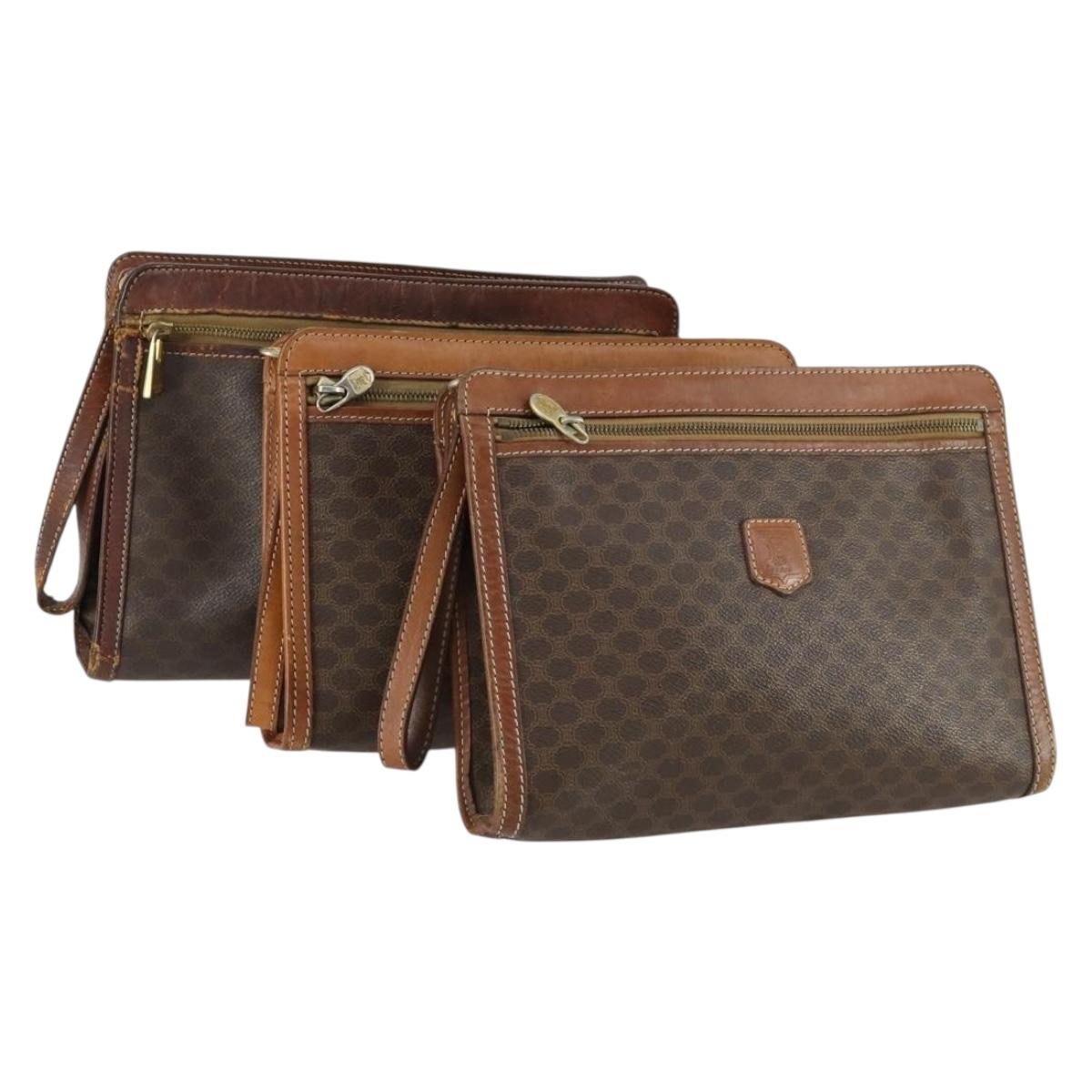 CELINE Macadam Canvas Clutch Bag PVC Leather 3 Set Brown Auth 160320