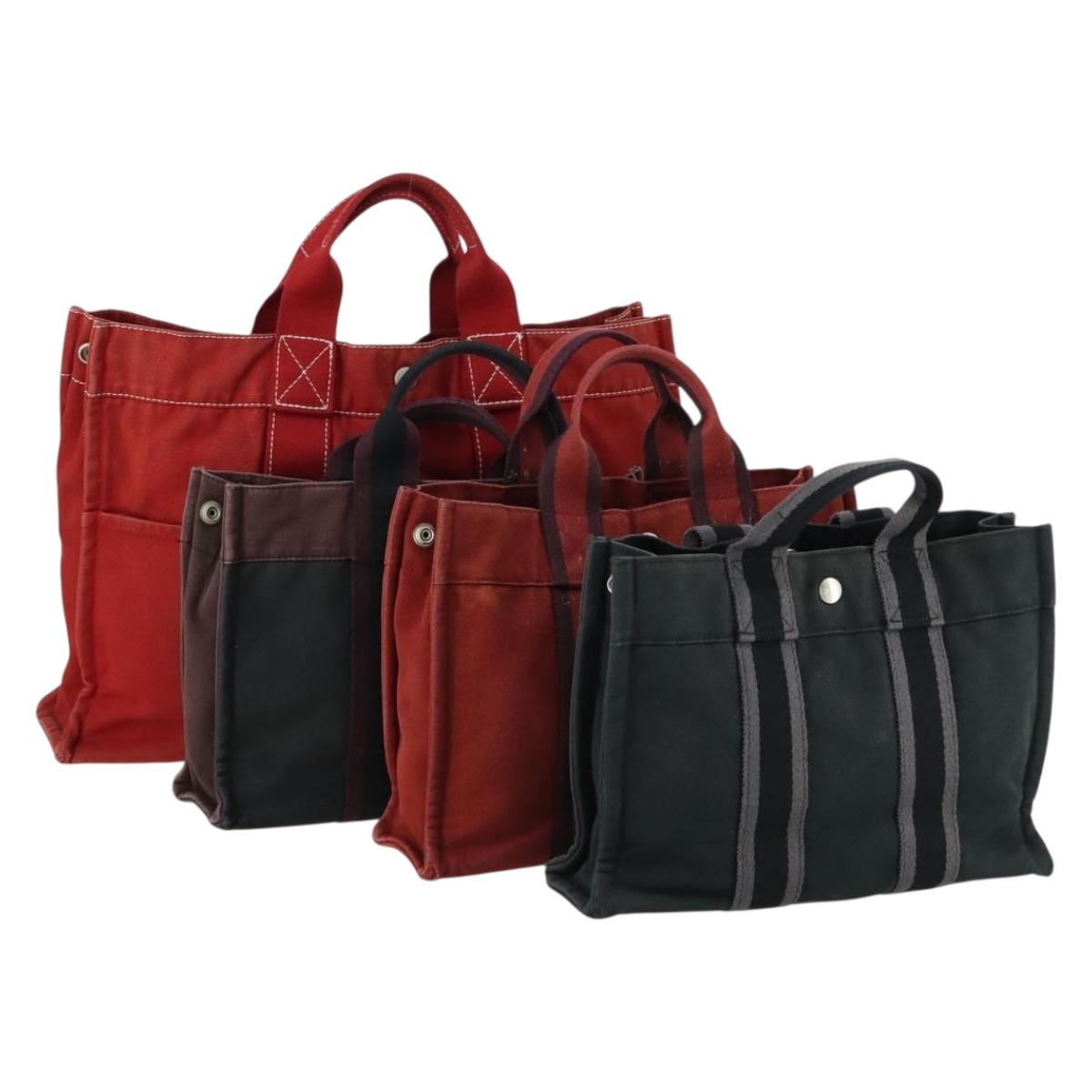 HERMES Fourre Tout Hand Bag Canvas 4 Set Black Red Bordeaux Auth 160325
