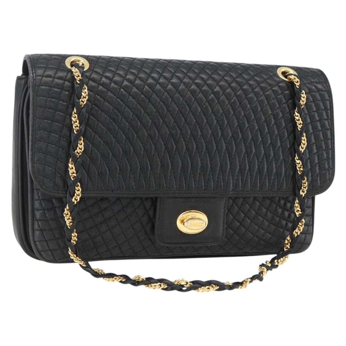 BALLY Quilted Chain Shoulder Bag Leather Navy Gold Auth 160414