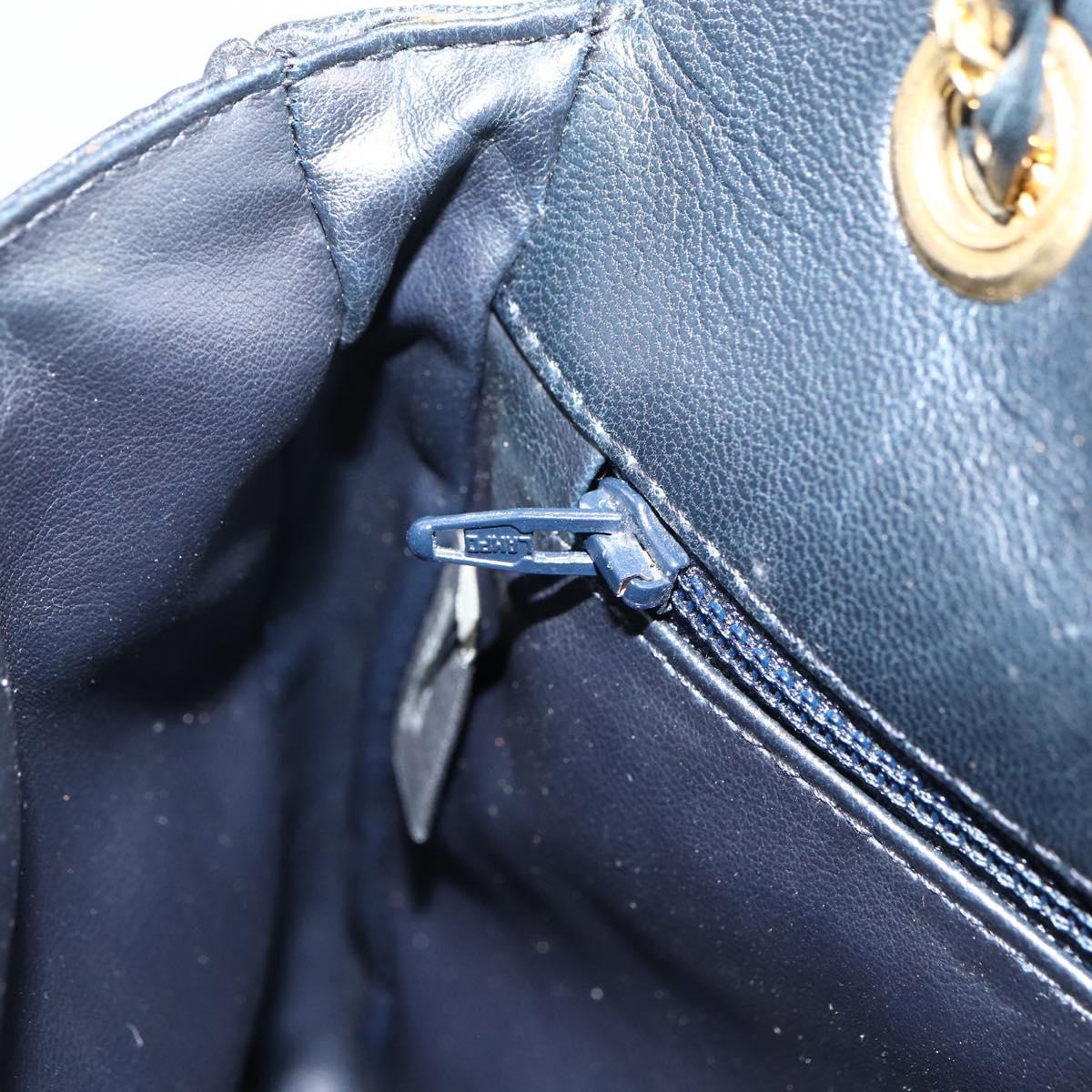 BALLY Quilted Chain Shoulder Bag Leather Navy Gold Auth 160414
