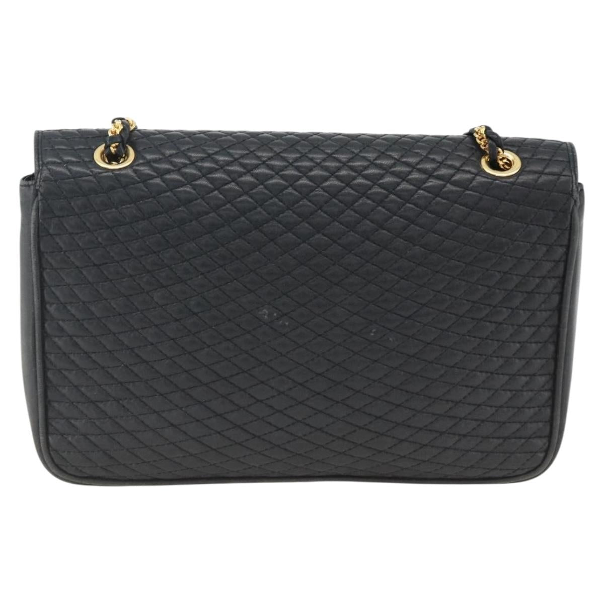 BALLY Quilted Chain Shoulder Bag Leather Navy Gold Auth 160414