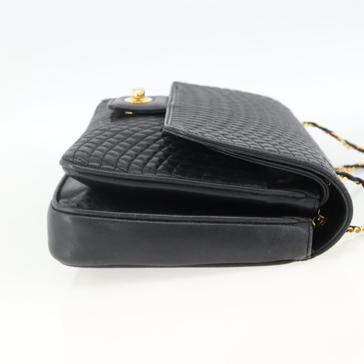 BALLY Quilted Chain Shoulder Bag Leather Navy Gold Auth 160414
