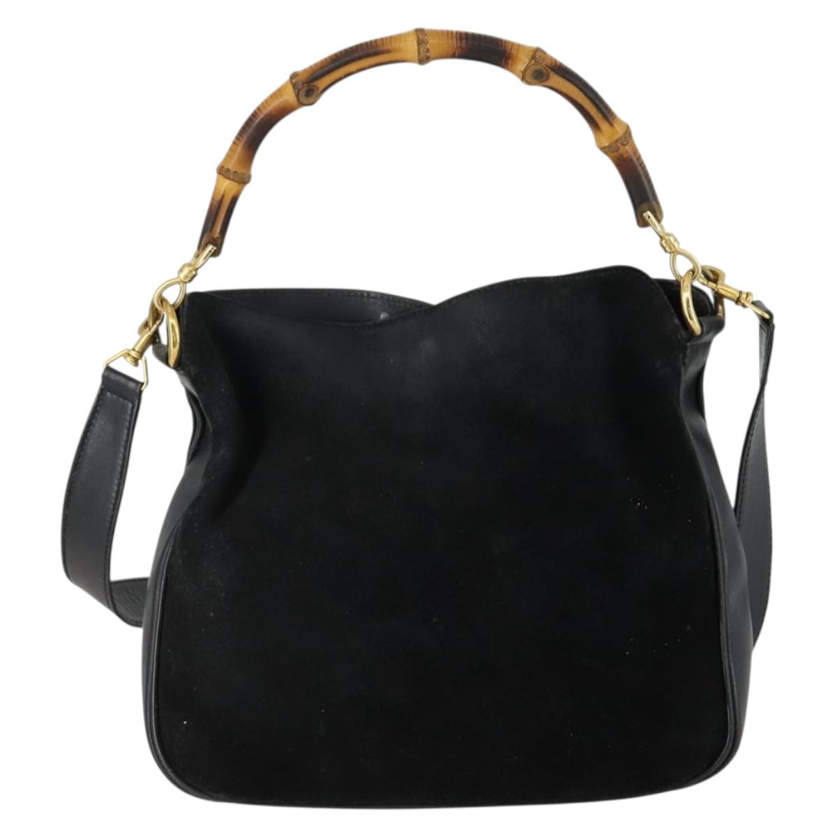 GUCCI Bamboo Hand Bag Suede Leather 2way Black Gold 0013754 Auth 160497