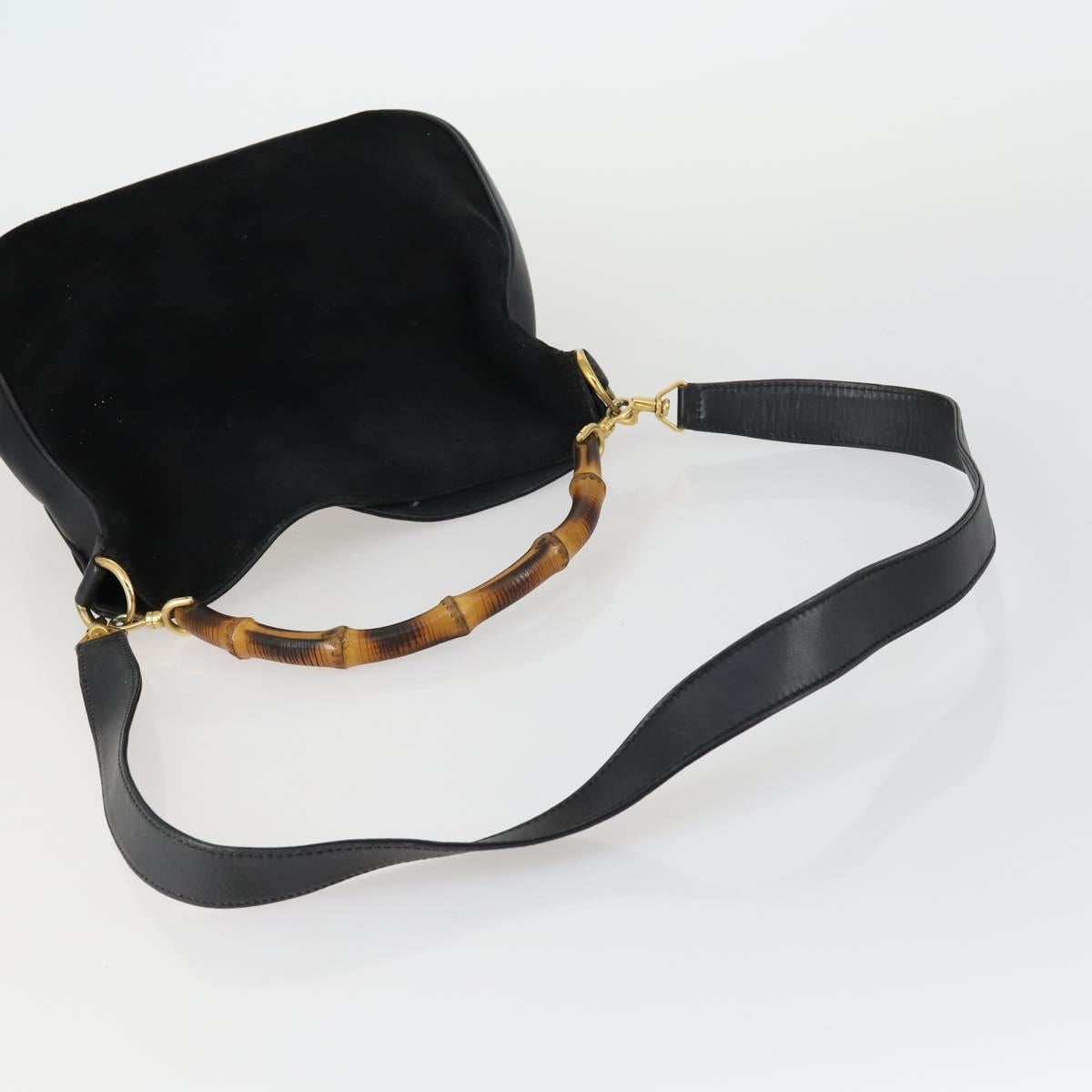 GUCCI Bamboo Hand Bag Suede Leather 2way Black Gold 0013754 Auth 160497