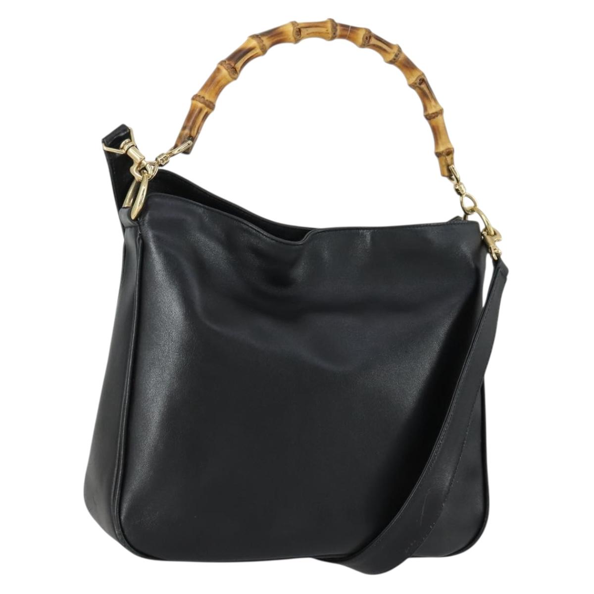 GUCCI Bamboo Hand Bag Leather 2way Black Gold 001 2123 1638 Auth 160499