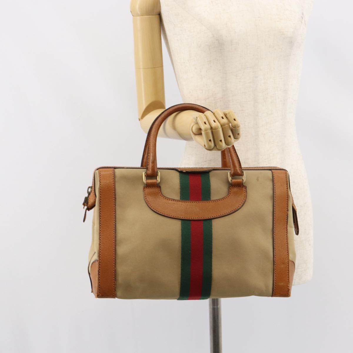 GUCCI Web Sherry Line Boston Bag Canvas Beige Gold Auth 160502