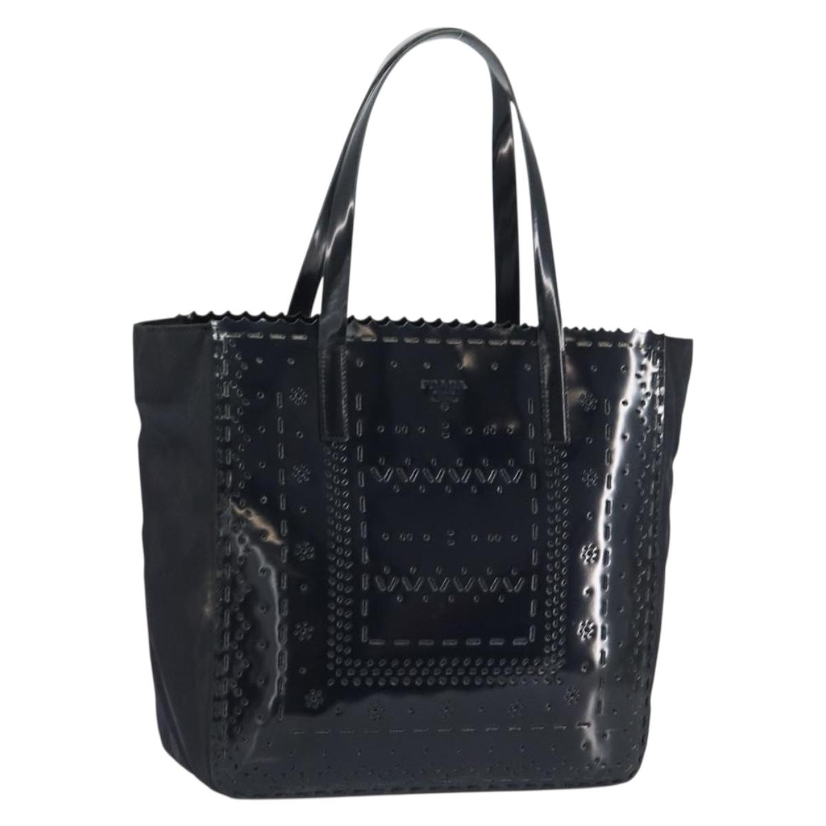 PRADA Hand Bag Enamel Black Silver Auth 160525