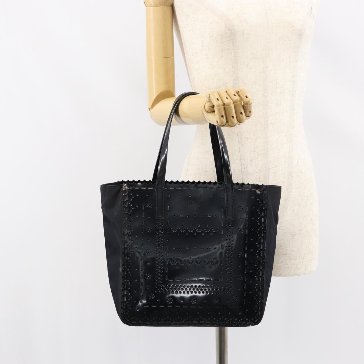 PRADA Hand Bag Enamel Black Silver Auth 160525
