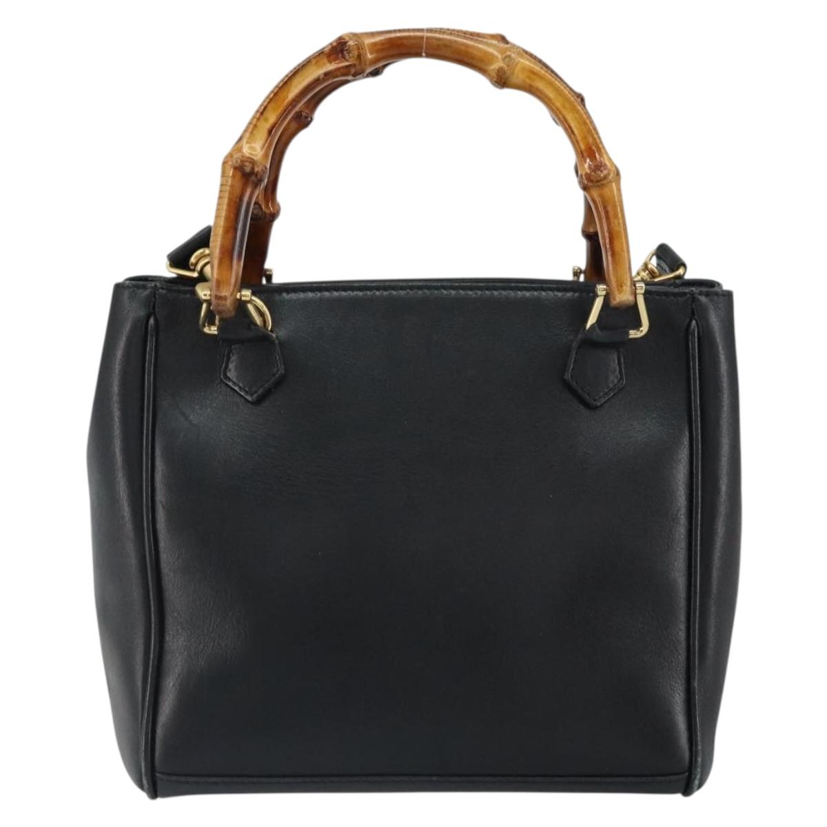 GUCCI Bamboo Hand Bag Leather 2way Black Gold 000 2122 0316 Auth 160580