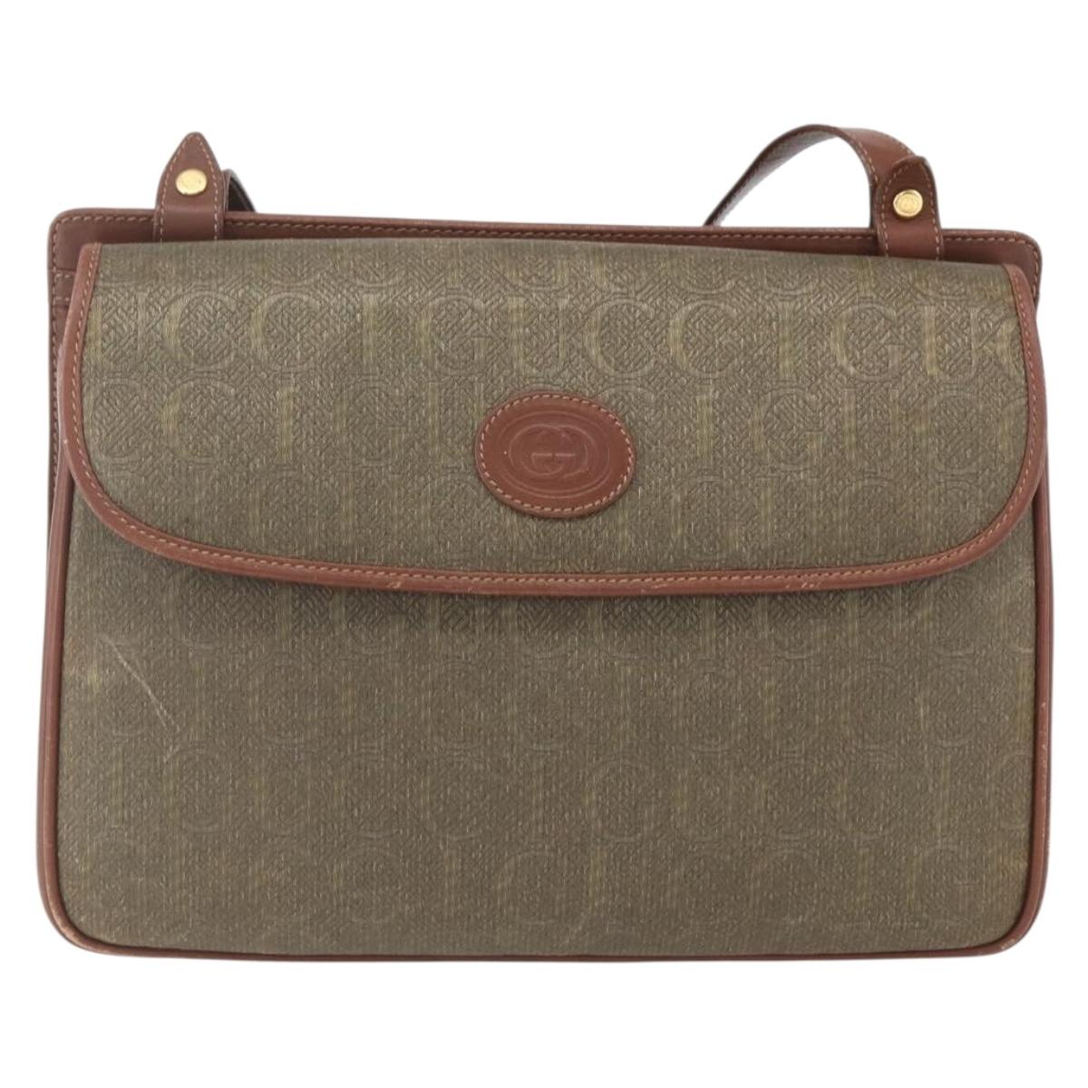 GUCCI Shoulder Bag Leather Canvas Brown Gold Auth 160596