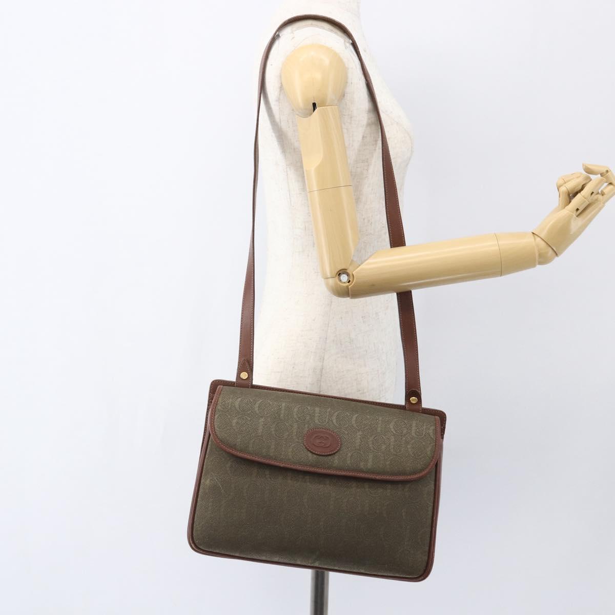 GUCCI Shoulder Bag Leather Canvas Brown Gold Auth 160596