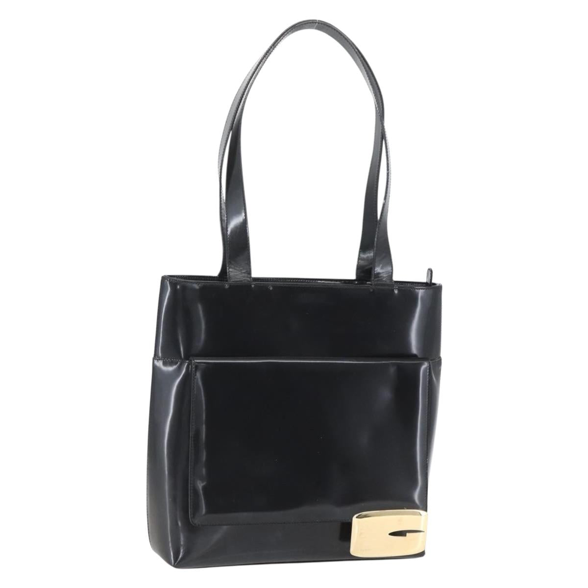 GUCCI Tote Bag Enamel Black Gold Auth 160601