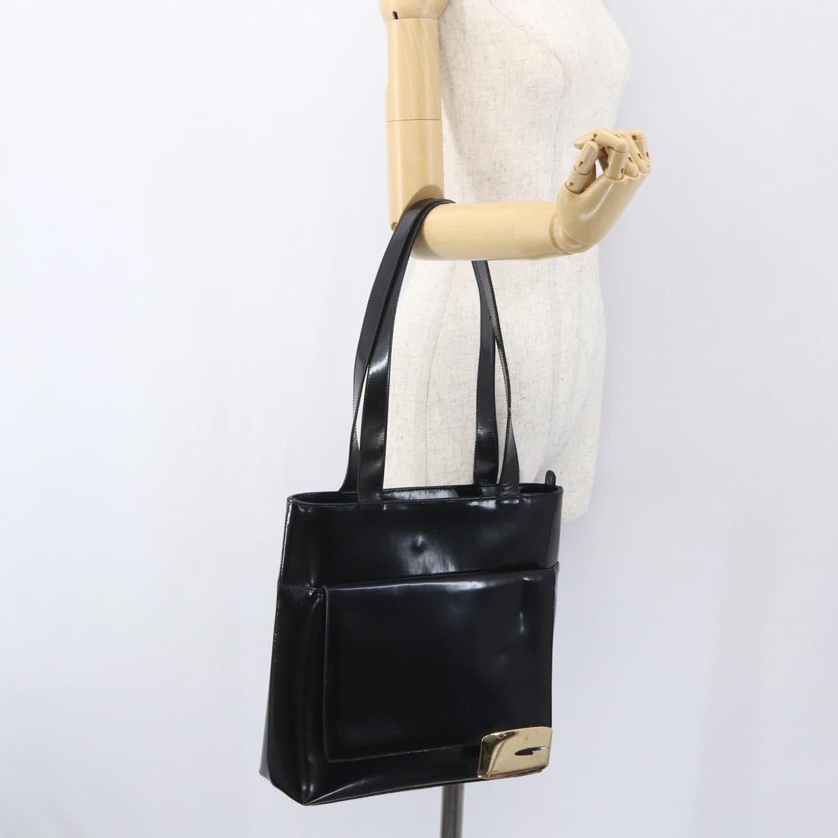 GUCCI Tote Bag Enamel Black Gold Auth 160601