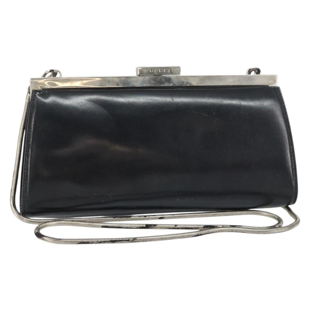 GUCCI Chain Shoulder Bag Leather Black Silver Auth 160616