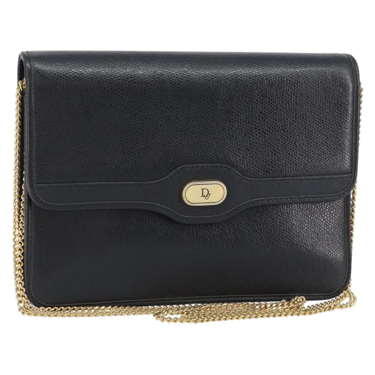 Christian Dior Chain Shoulder Bag Leather Black Gold Auth 160675