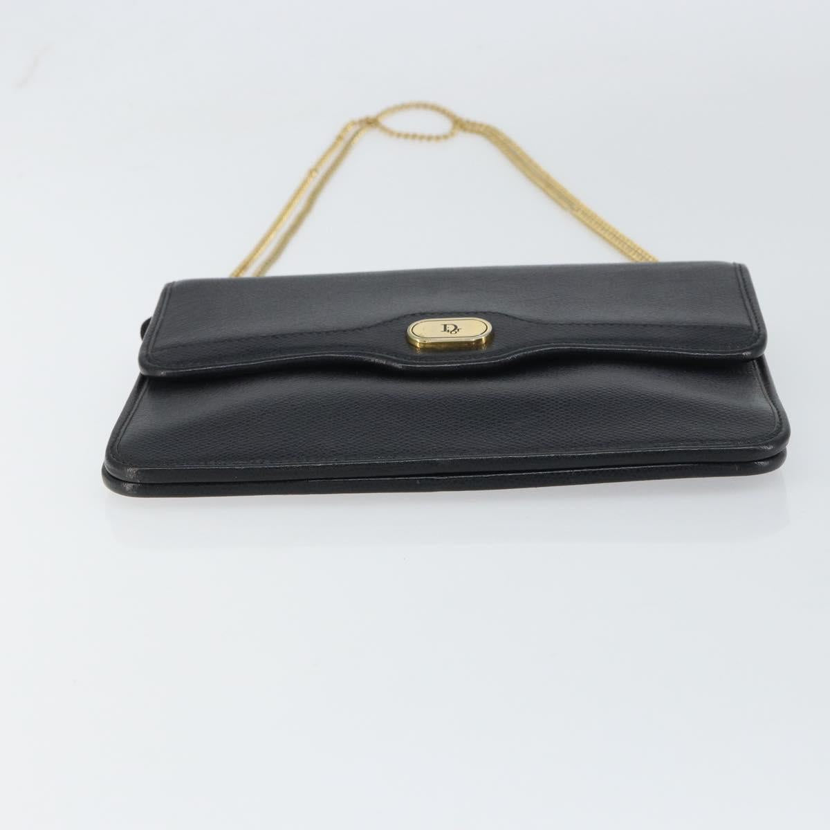 Christian Dior Chain Shoulder Bag Leather Black Gold Auth 160675