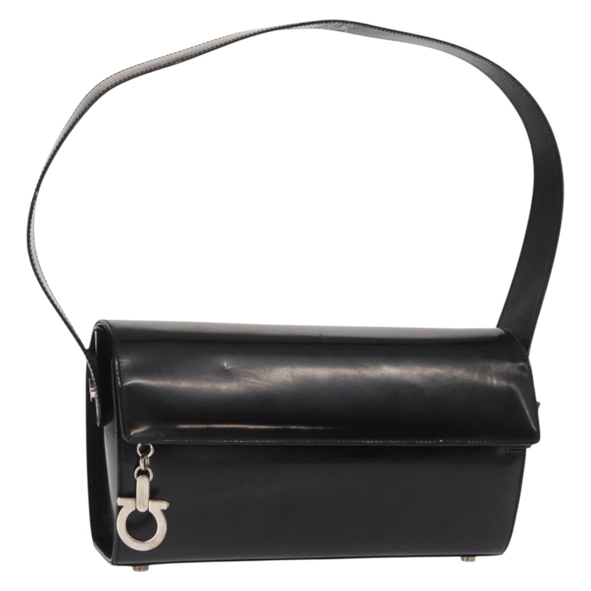 Salvatore Ferragamo Gancini Shoulder Bag Enamel Black Silver Auth 160684