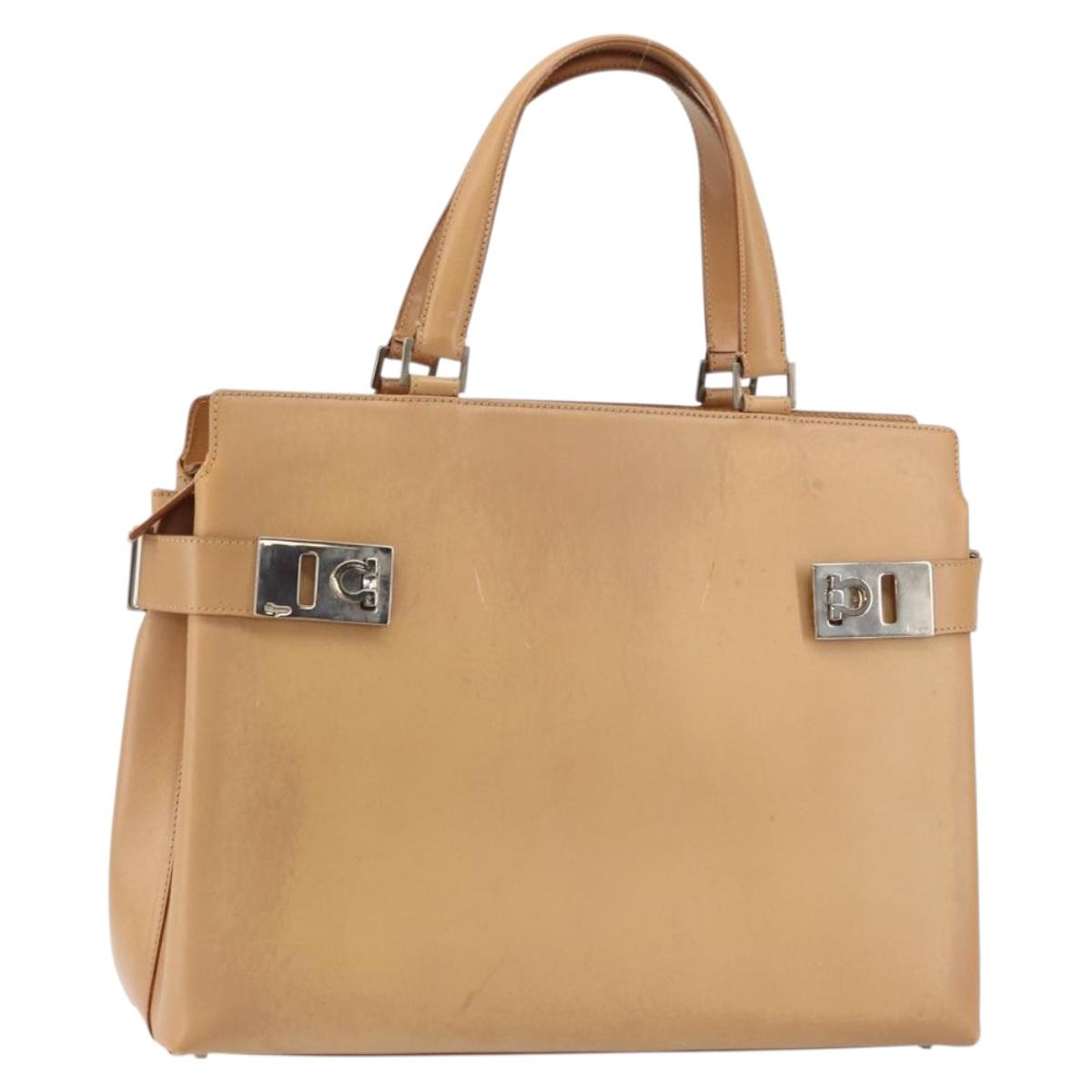 Salvatore Ferragamo Gancini Tote Bag Leather Beige Gold Auth 160685