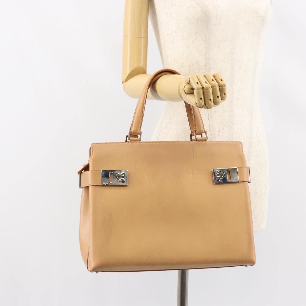 Salvatore Ferragamo Gancini Tote Bag Leather Beige Gold Auth 160685