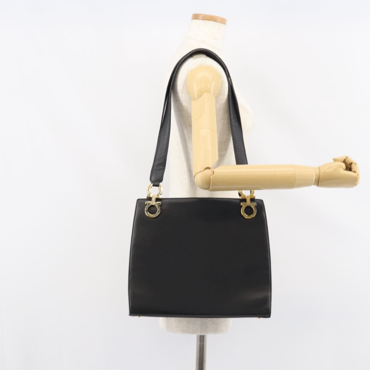 Salvatore Ferragamo Gancini Shoulder Bag Leather Black Gold Auth 160687