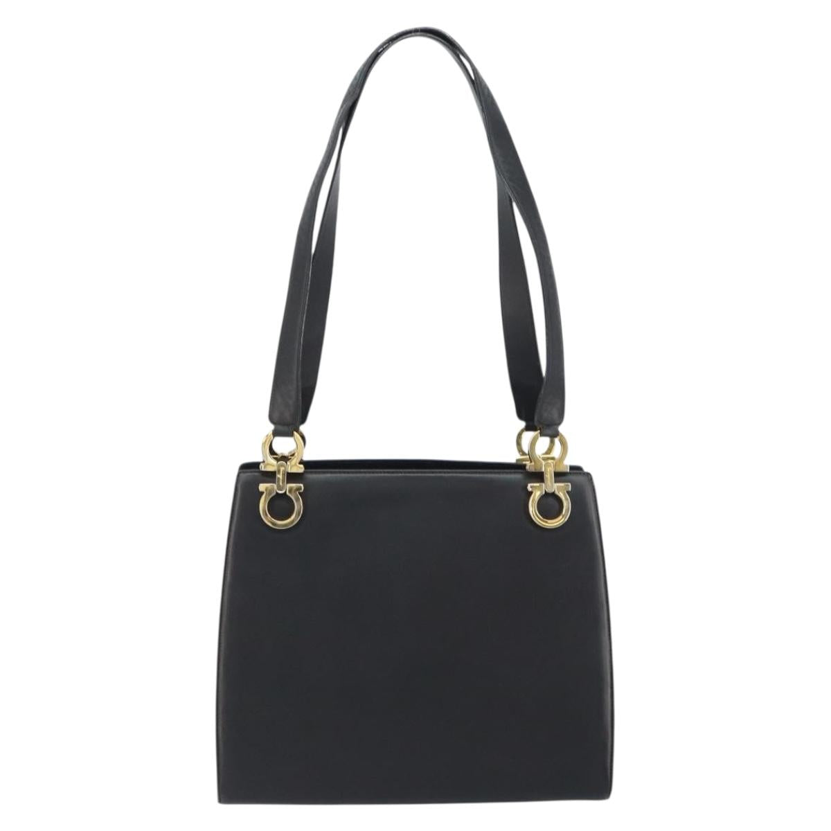Salvatore Ferragamo Gancini Shoulder Bag Leather Black Gold Auth 160687