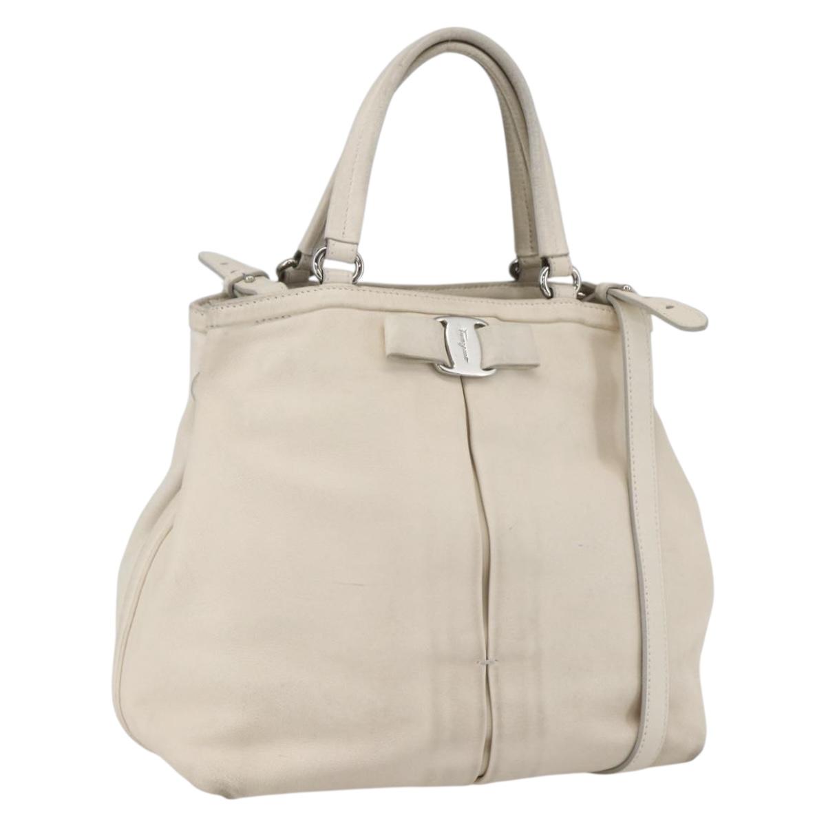Salvatore Ferragamo Vala Hand Bag Leather 2way White Silver Auth 160697