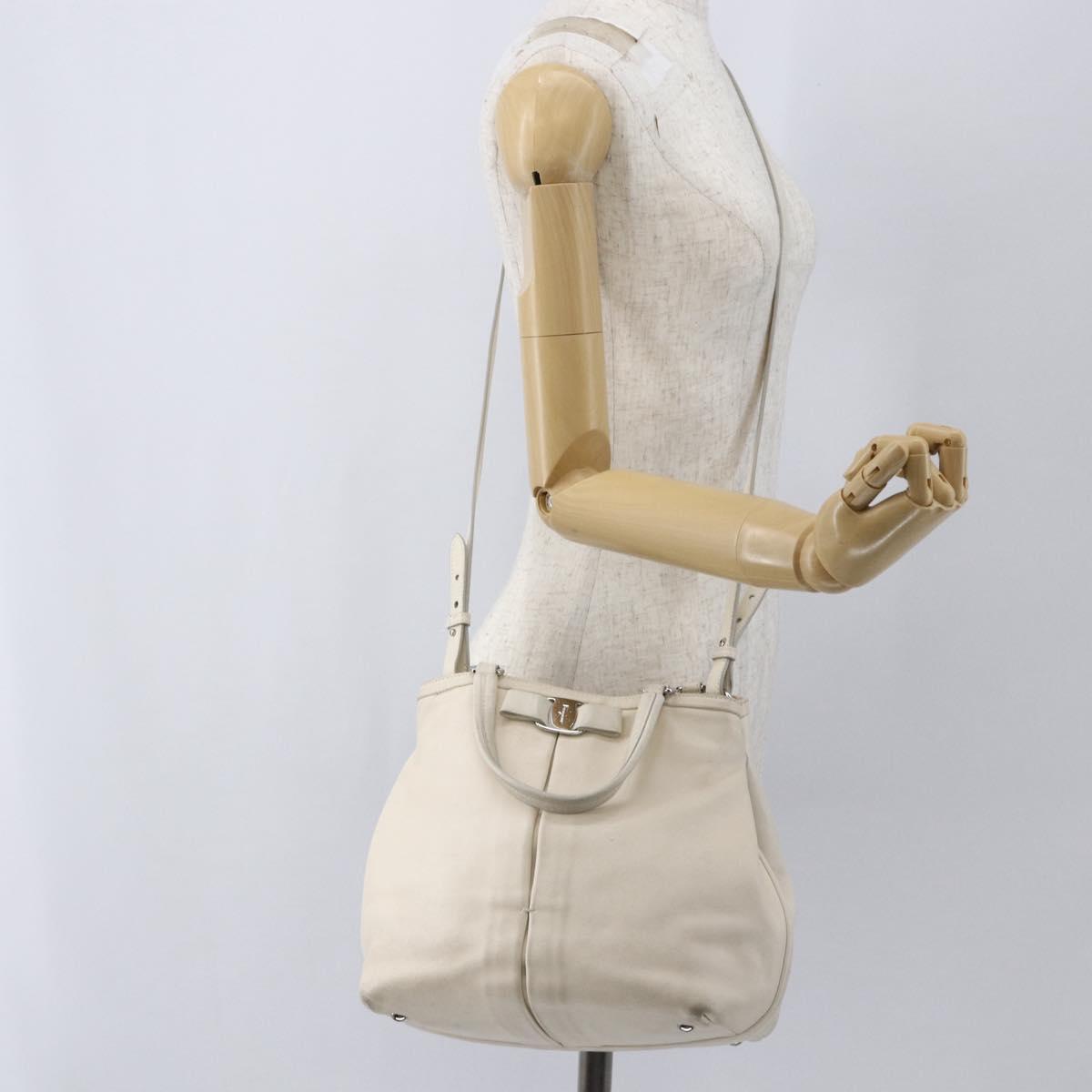 Salvatore Ferragamo Vala Hand Bag Leather 2way White Silver Auth 160697