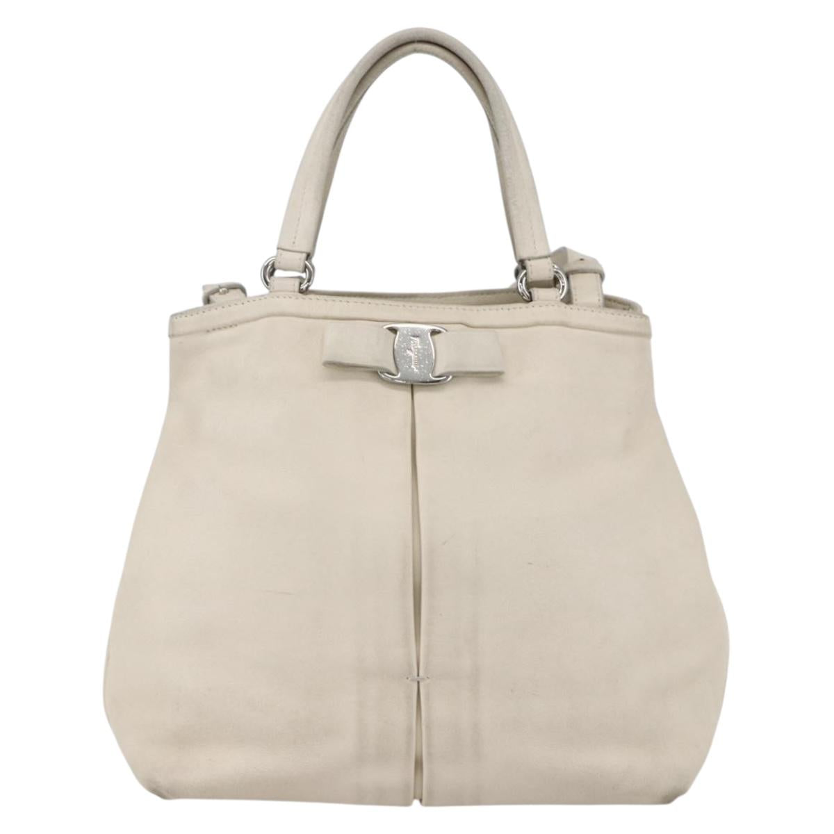 Salvatore Ferragamo Vala Hand Bag Leather 2way White Silver Auth 160697