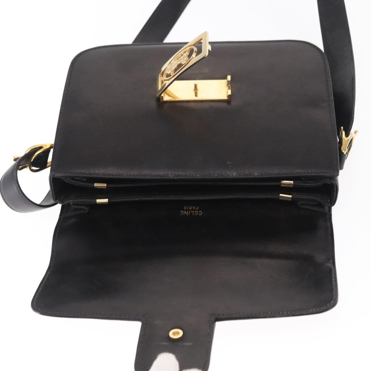 CELINE Shoulder Bag Leather Black Gold Auth 160698