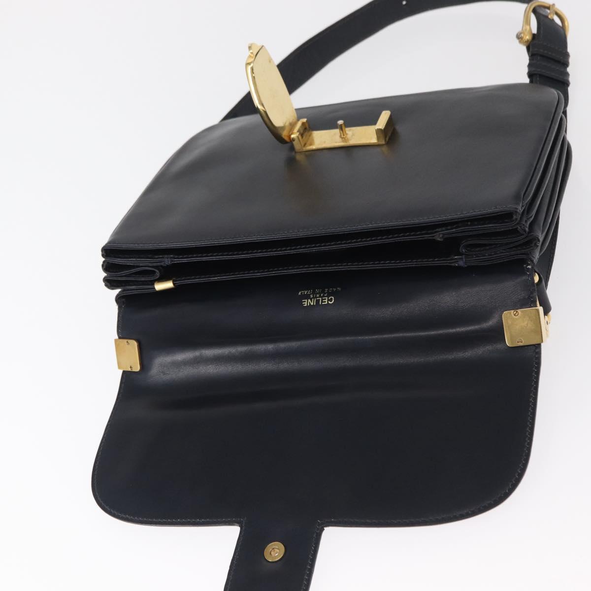 CELINE Shoulder Bag Leather Navy Gold Auth 160702