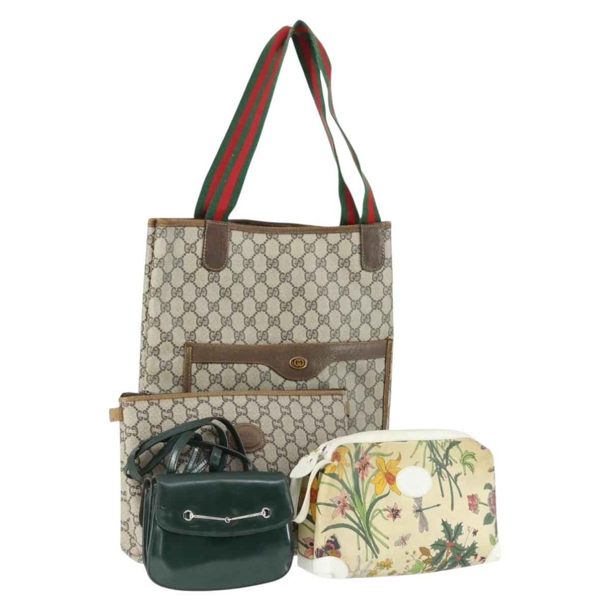 GUCCI GG Supreme GG Plus Web Sherry Line Bag PVC 4 Set Beige Green Auth 160748