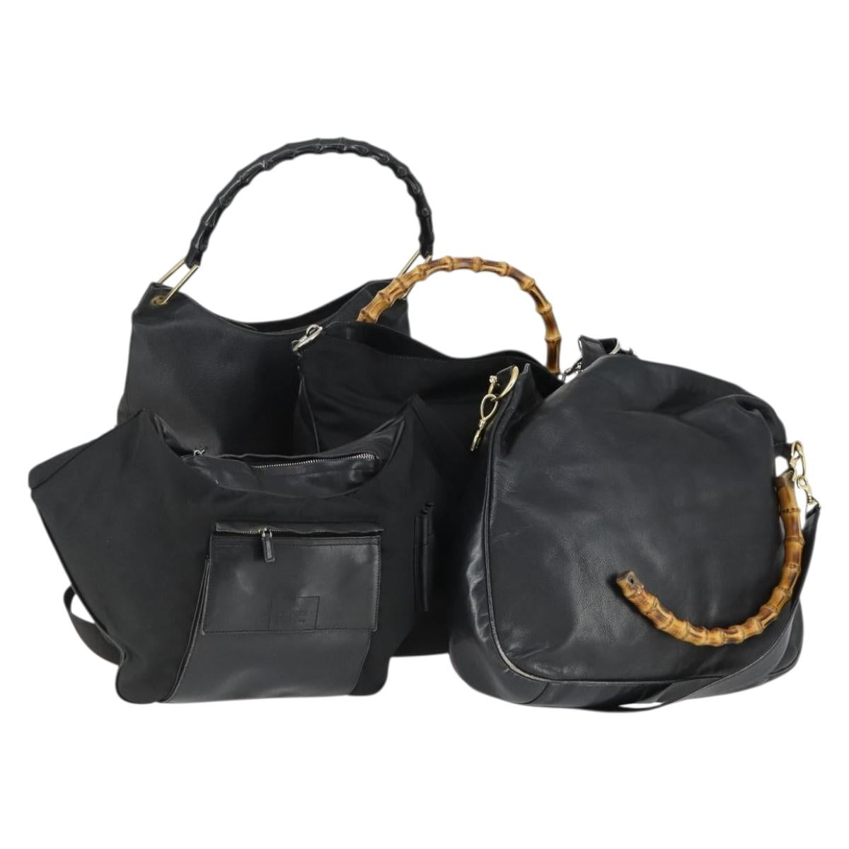 GUCCI Bamboo Shoulder Bag Leather Canvas 4 Set Black Auth 160749