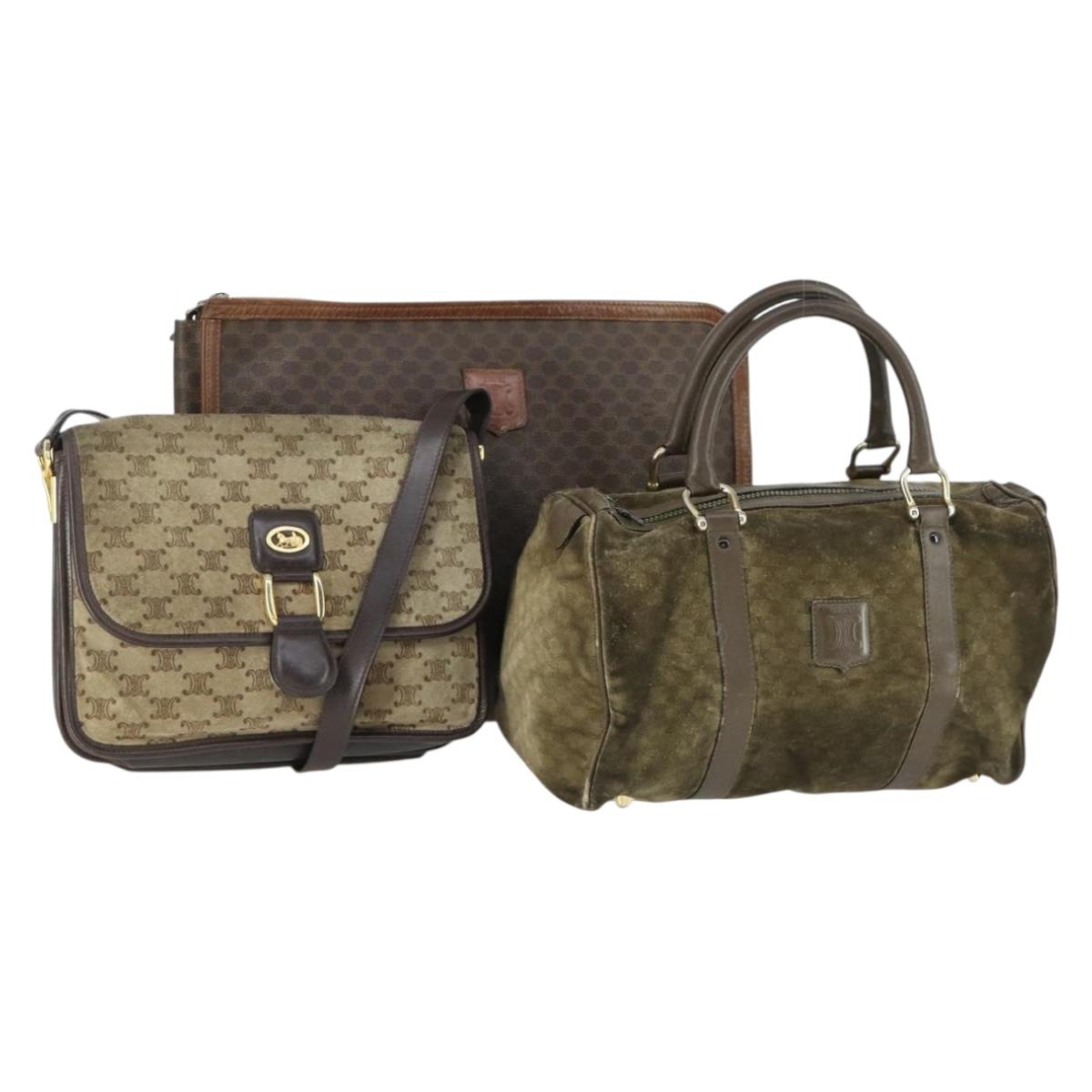 CELINE Macadam Canvas Bag PVC Suede 3 Set Brown Beige Auth 160754