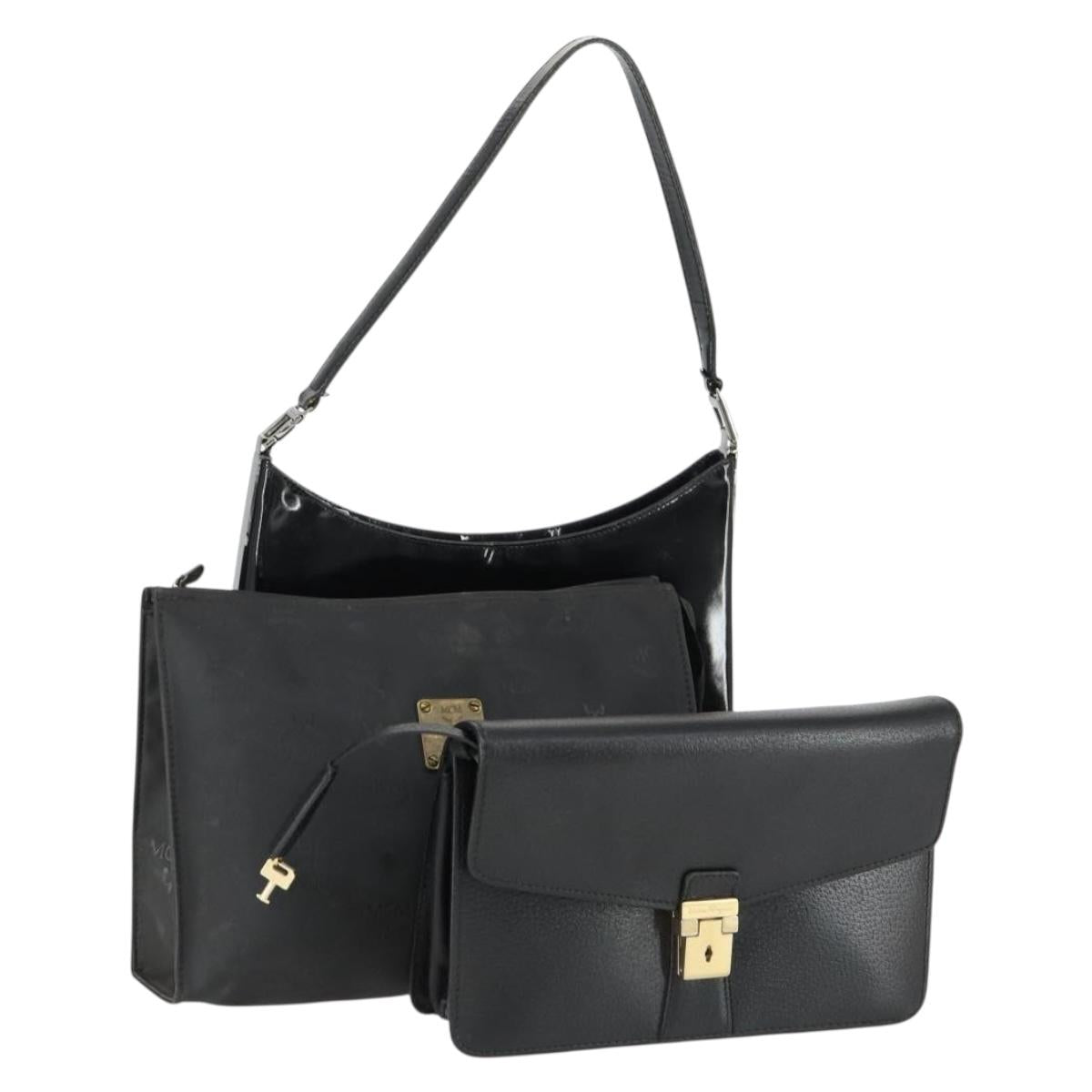 Salvatore Ferragamo MCM Logogram Vicetos Bag PVC Leather 3 Set Black Auth 160758