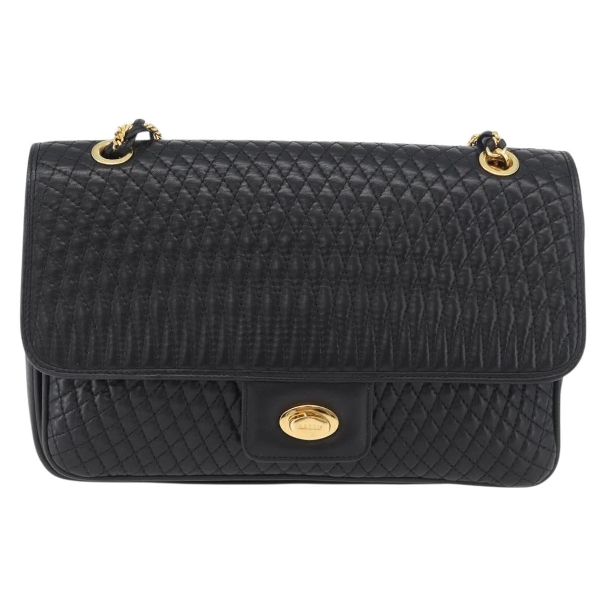 BALLY Quilted Chain Shoulder Bag Leather Black Gold Auth 160783