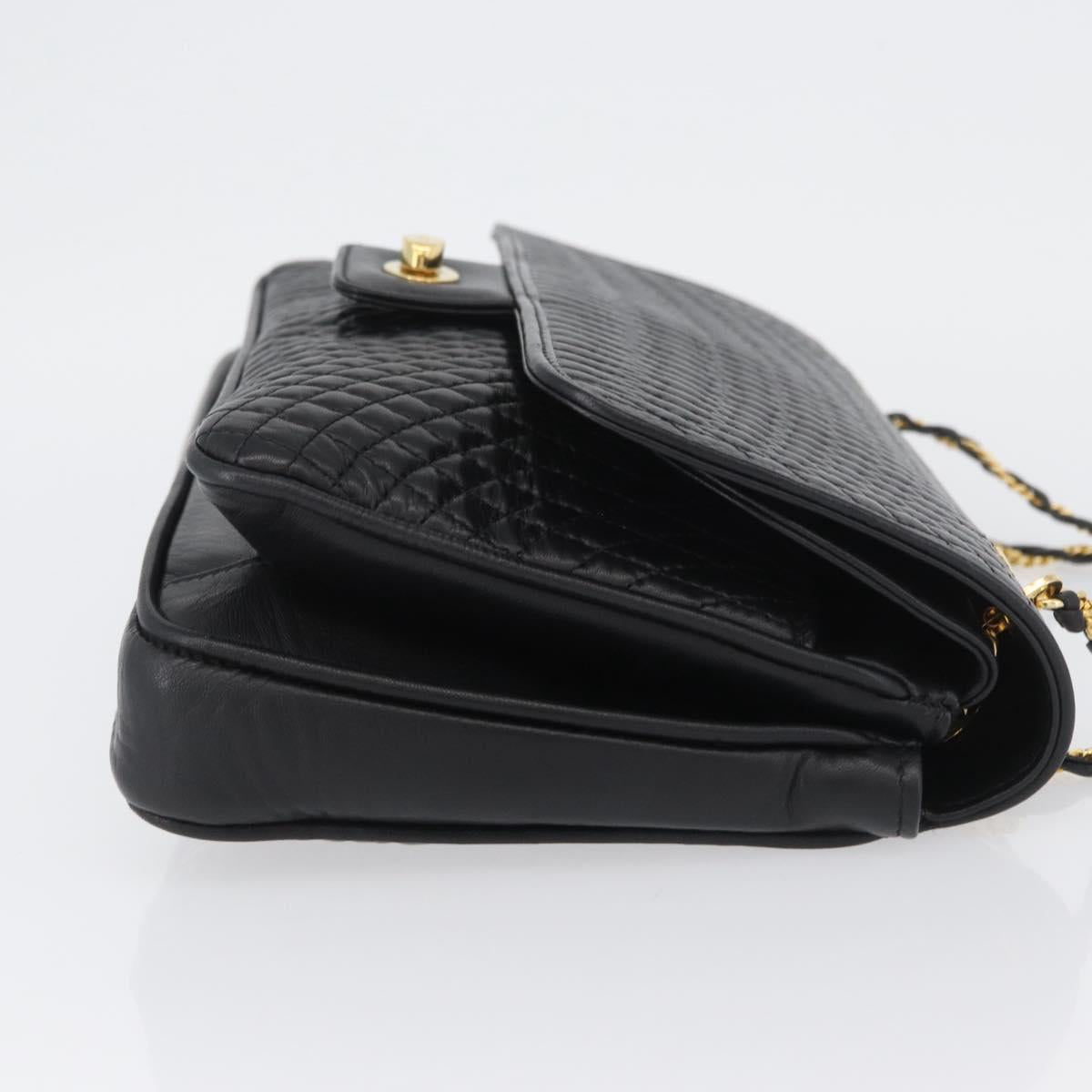 BALLY Quilted Chain Shoulder Bag Leather Black Gold Auth 160783