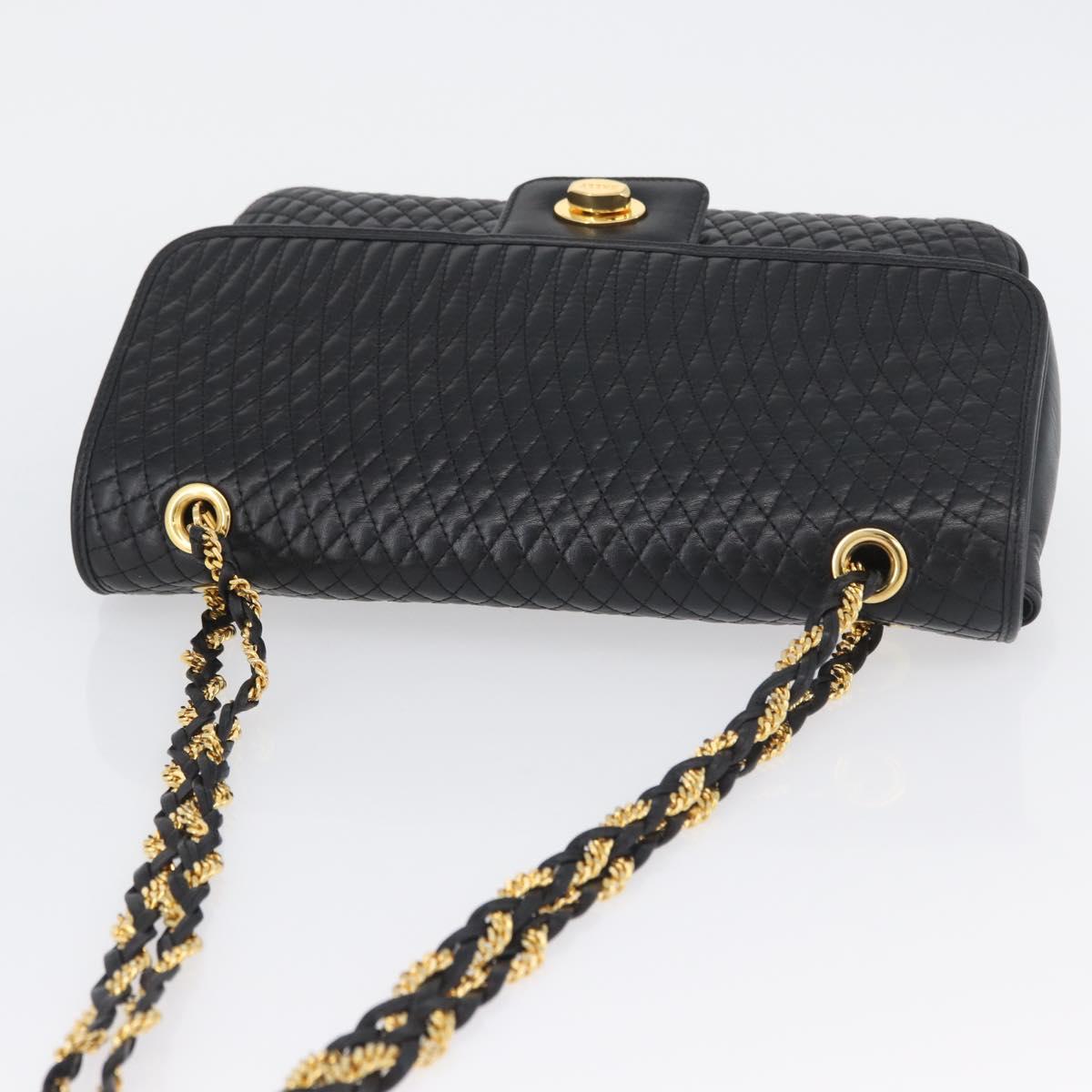 BALLY Quilted Chain Shoulder Bag Leather Black Gold Auth 160783