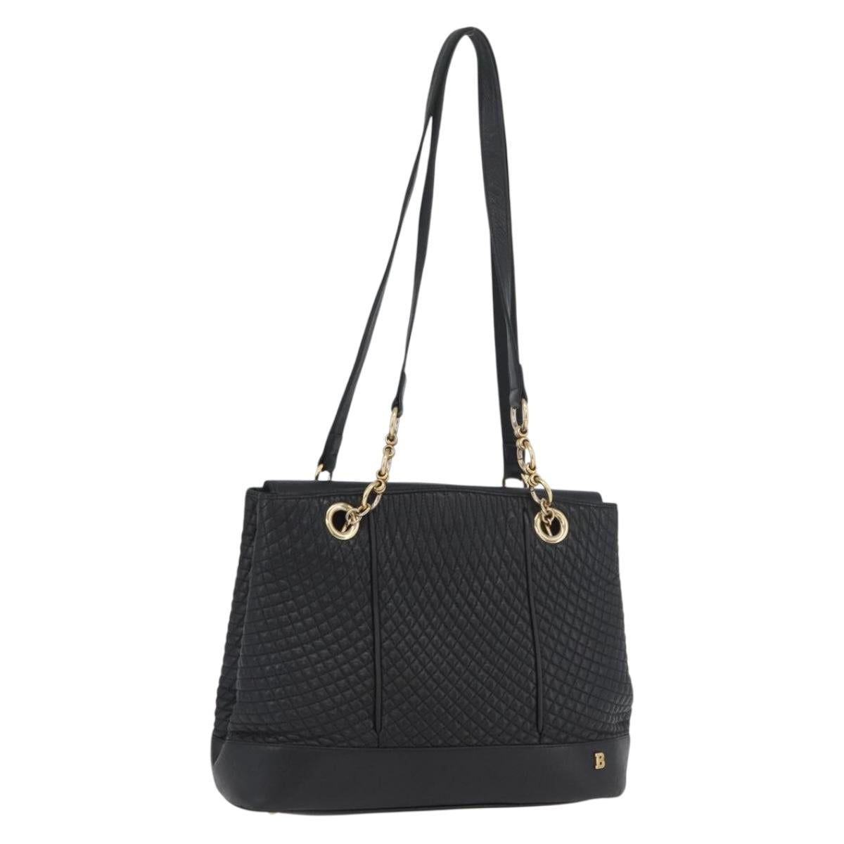 BALLY Quilted Shoulder Bag Leather Black Gold Auth 160784