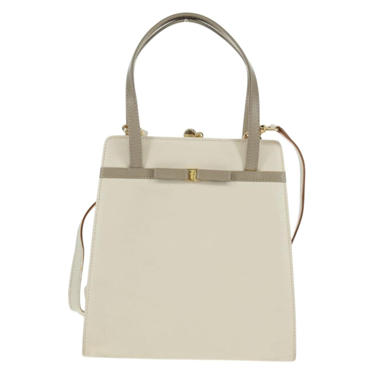 Salvatore Ferragamo Vala Hand Bag Leather 2way White Gold Auth 160802