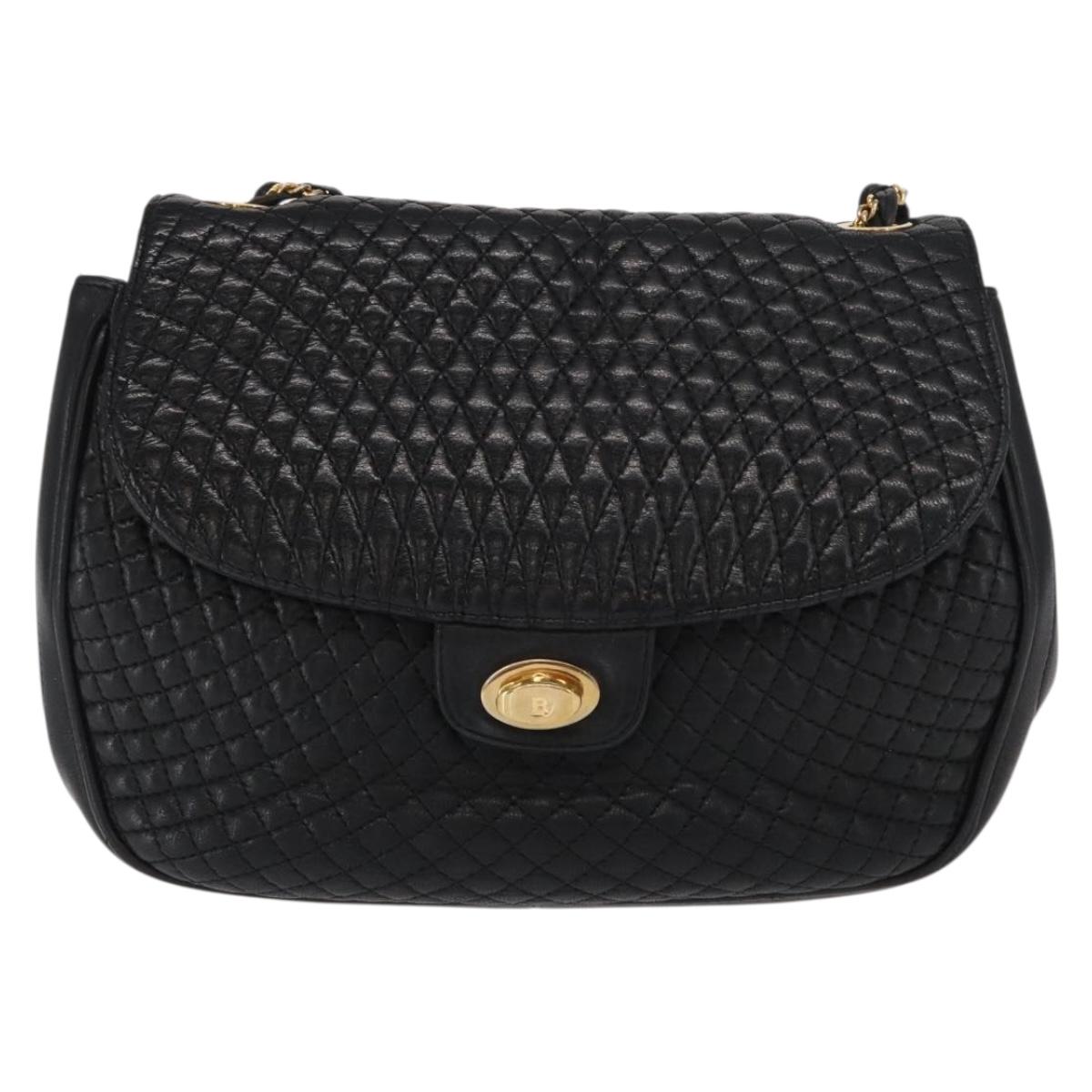 BALLY Chain Shoulder Bag Leather Black Gold Auth 160803