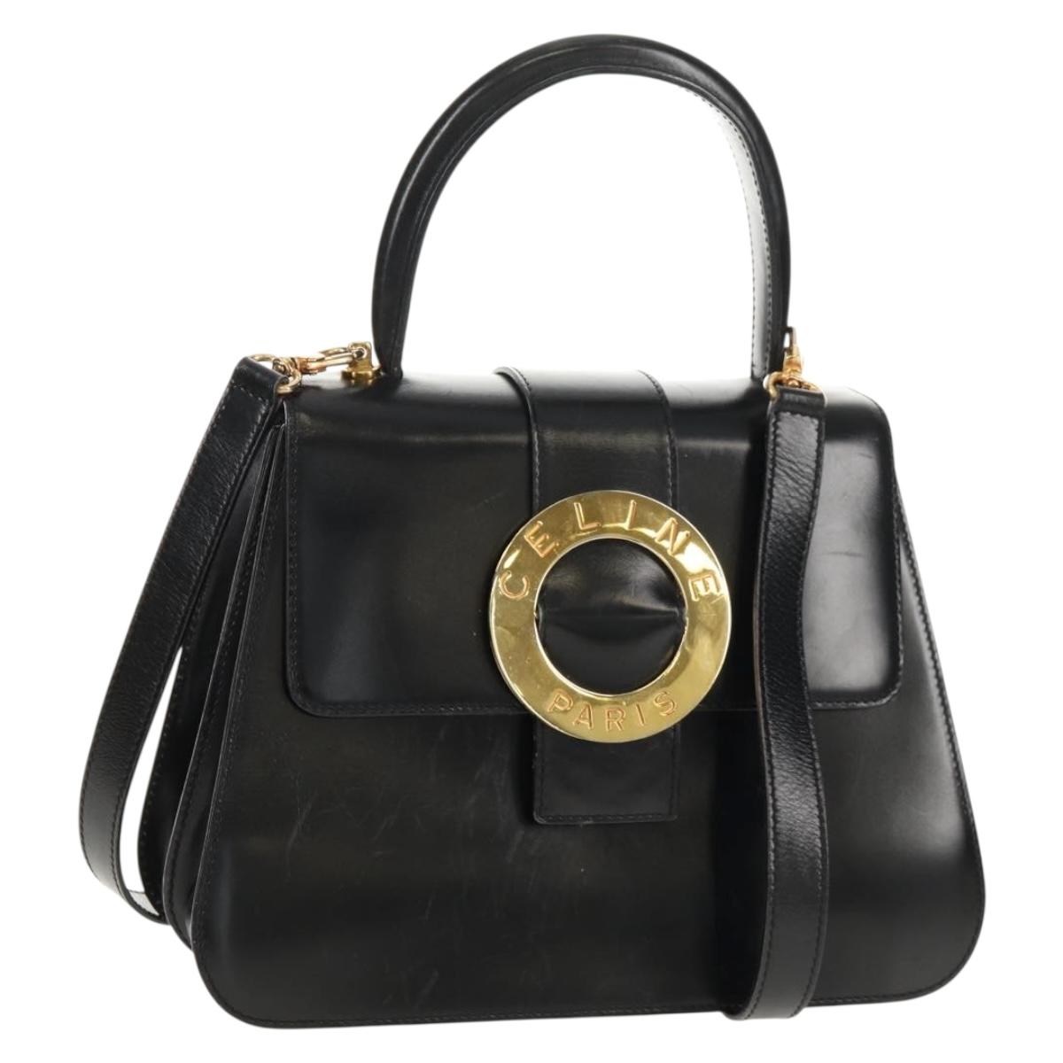 CELINE Circle Hand Bag Leather 2way Black Gold Auth 160805V