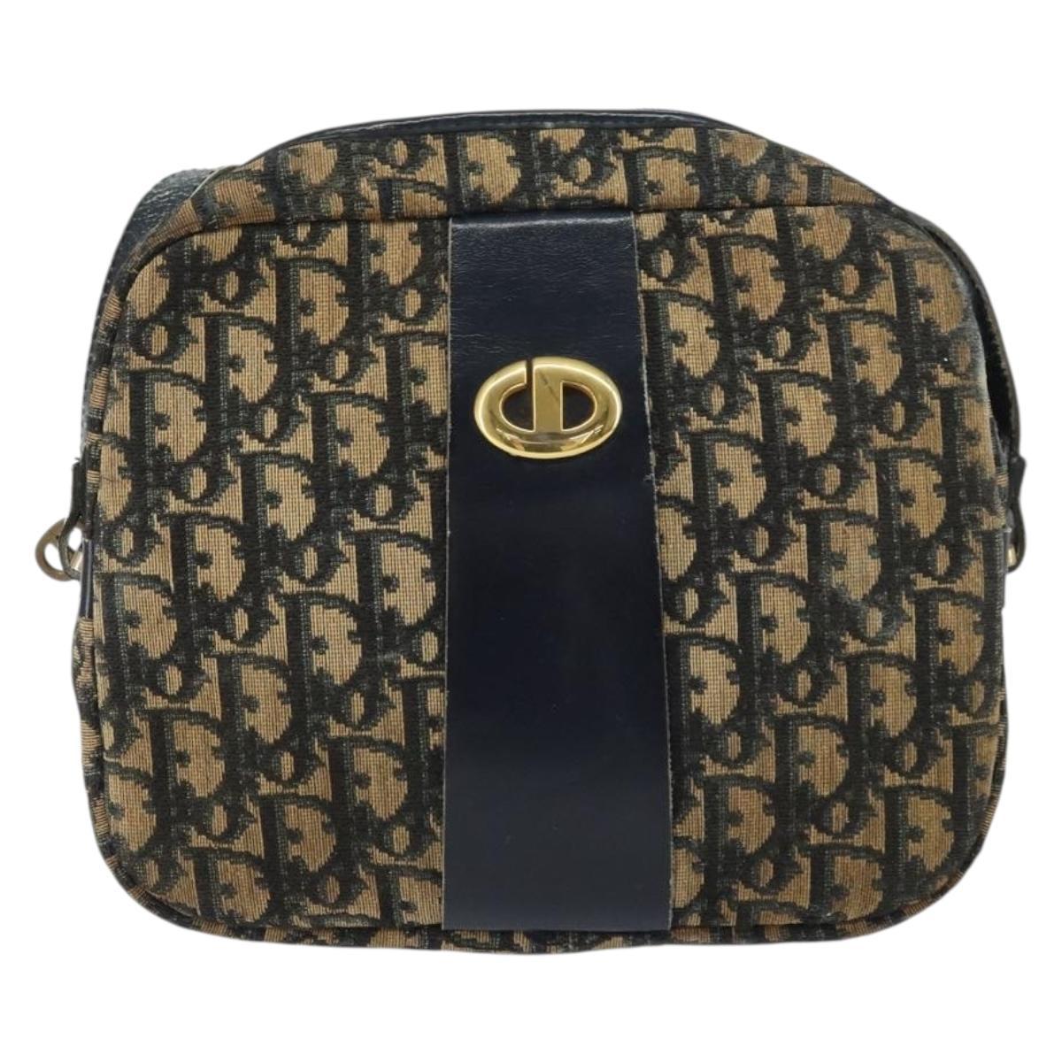 Christian Dior Trotter Canvas Shoulder Bag Navy Gold Auth 160817
