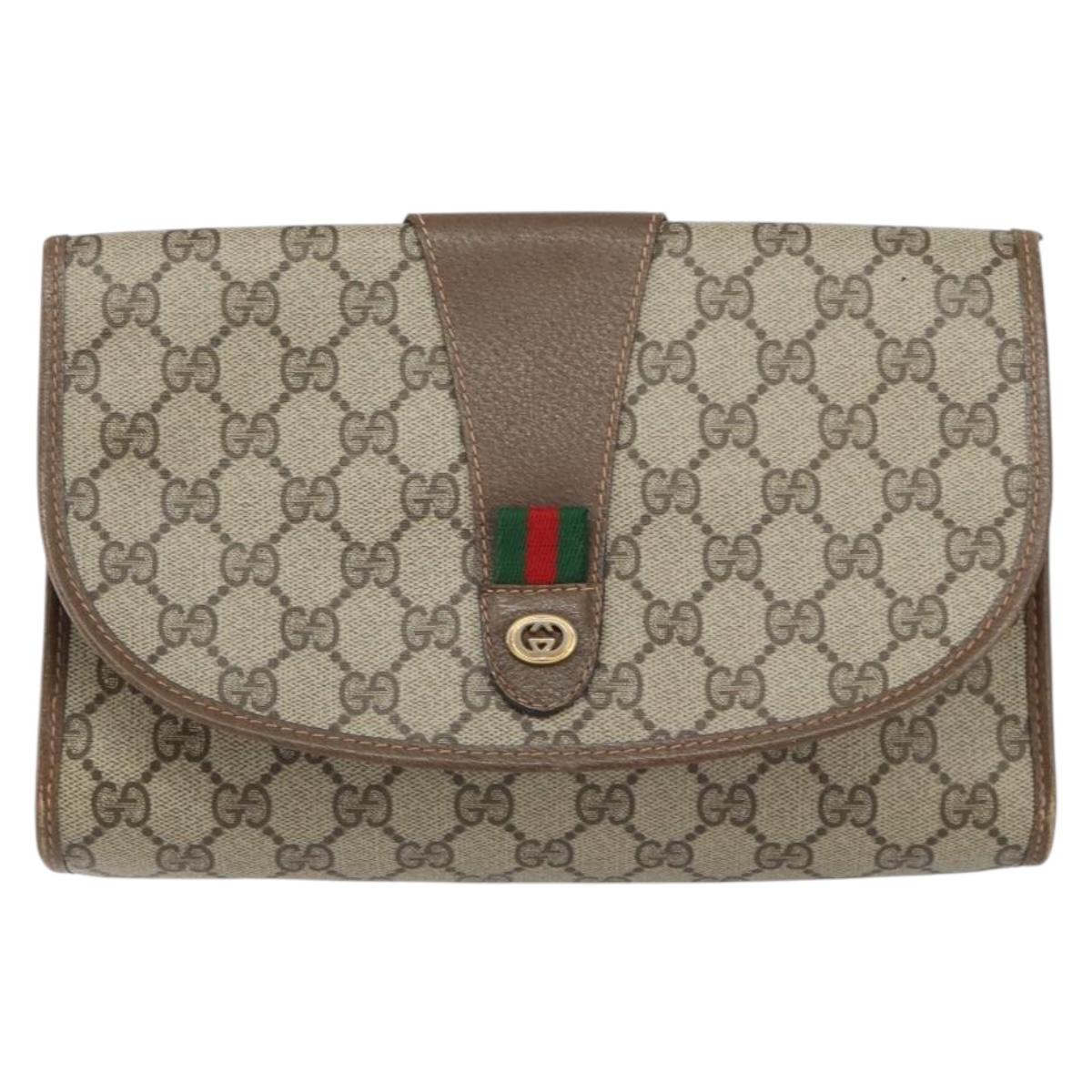 GUCCI GG Supreme Web Sherry Line Bag PVC Beige Gold 156 01 030 Auth 160818