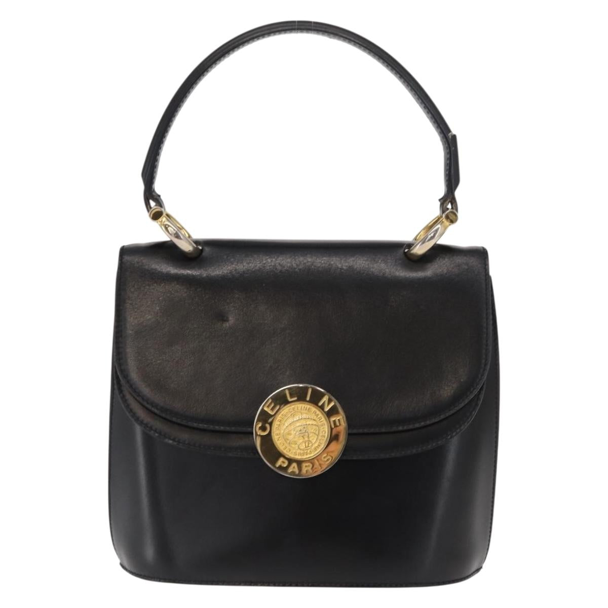 CELINE Medallion Hand Bag Leather Black Gold Auth 160819