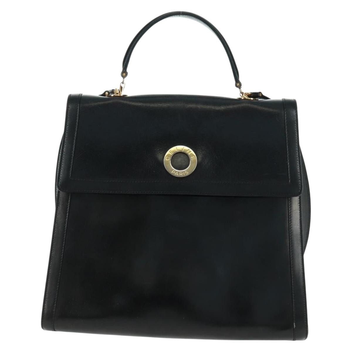 CELINE Circle Hand Bag Leather 2way Black Gold Auth 160826