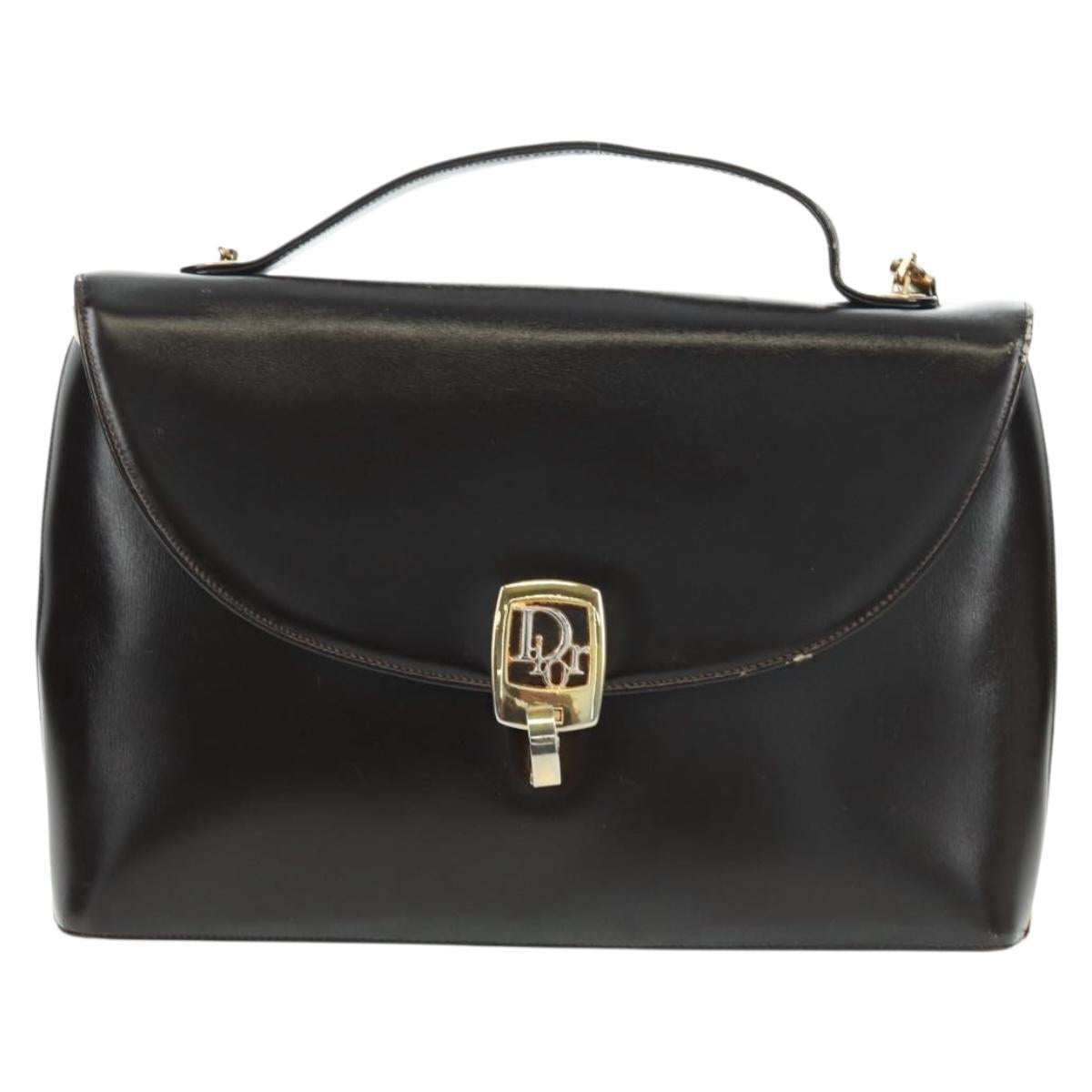 Christian Dior Hand Bag Calf Skin 2way Black Gold Auth 160831