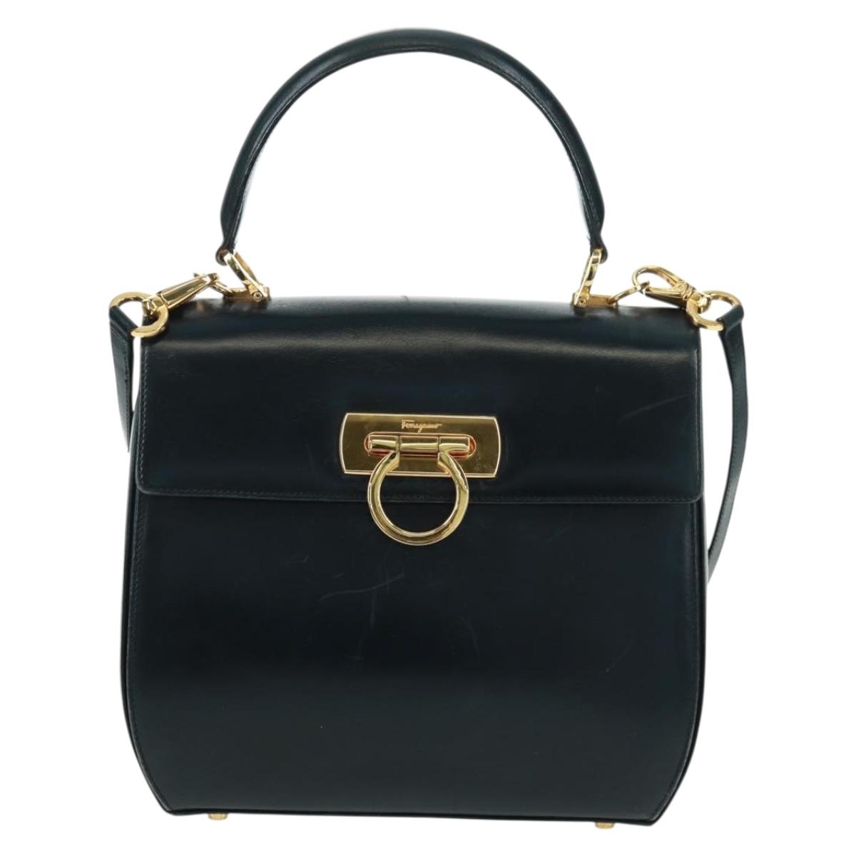 Salvatore Ferragamo Gancini Hand Bag Leather 2way Black Gold Auth 160846