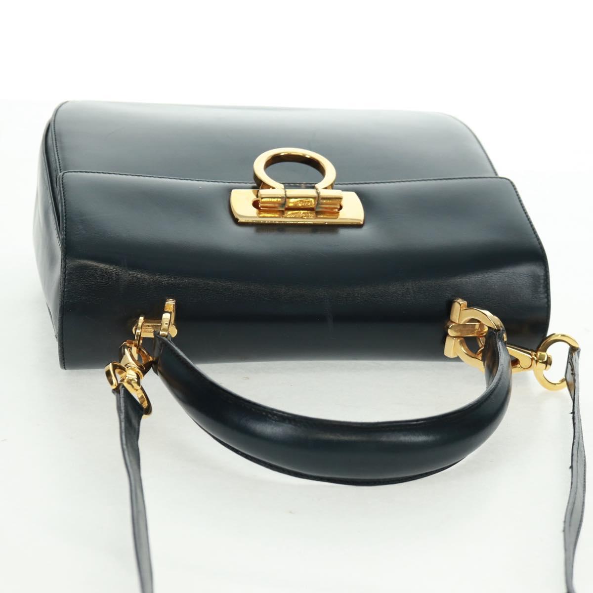 Salvatore Ferragamo Gancini Hand Bag Leather 2way Black Gold Auth 160846