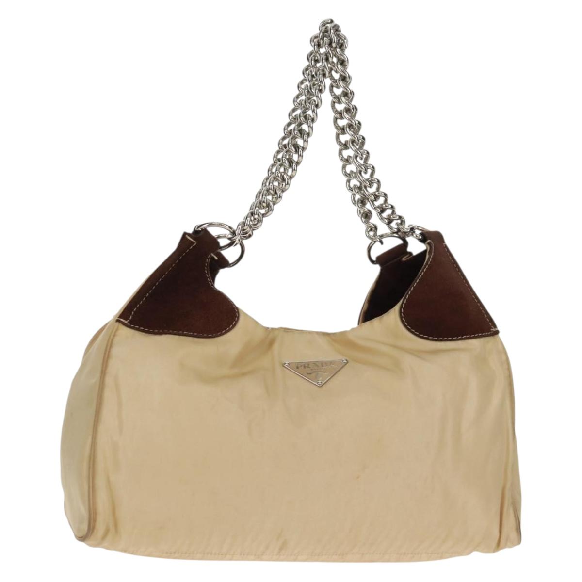 PRADA Chain Shoulder Bag Nylon Beige Silver Auth 160872