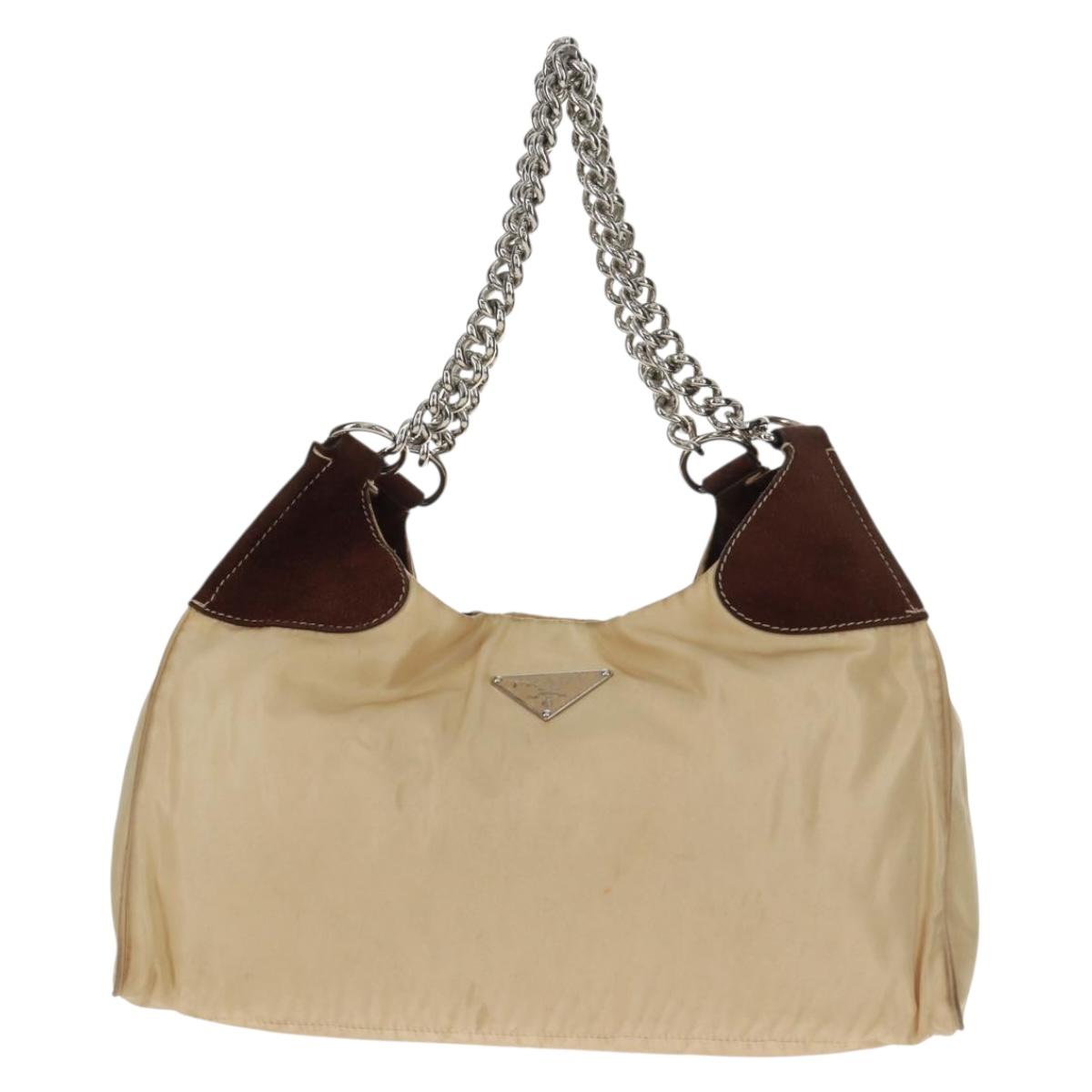 PRADA Chain Shoulder Bag Nylon Beige Silver Auth 160872